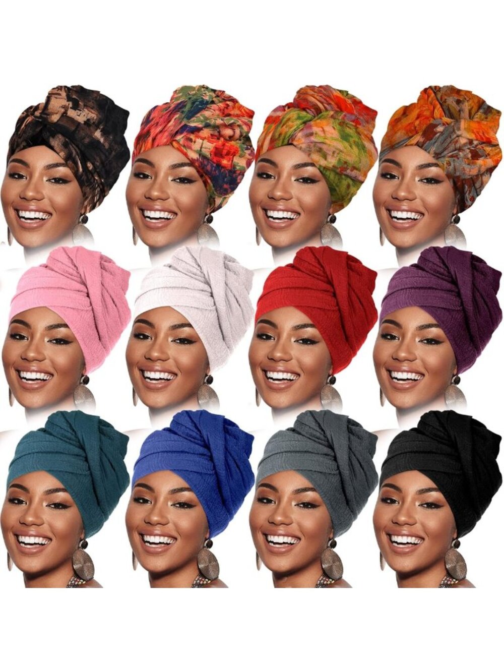 12 Pack Soft Head Wraps for Women | African Turbans, Hair Scarves & Headbands